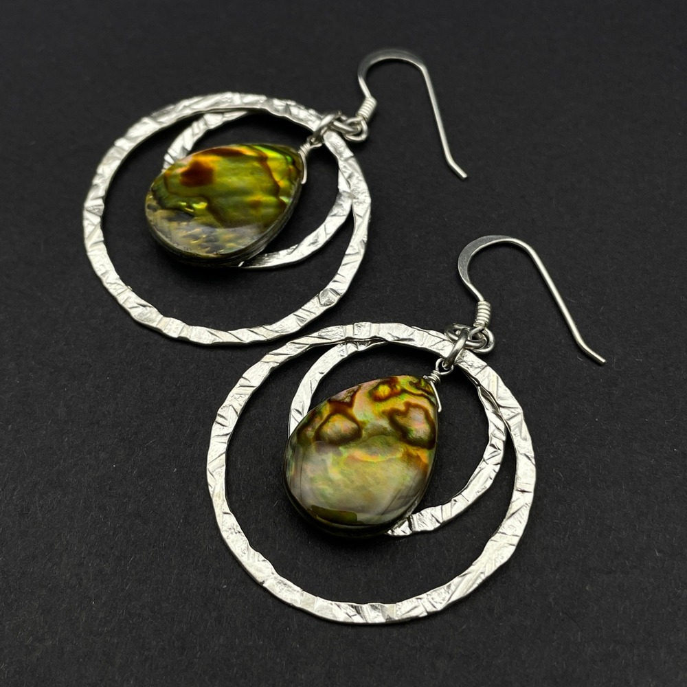 Sterling Silver Abalone Shell Hoop Dangle Earrings Boho Beachy Earrings - Picture 6 of 8